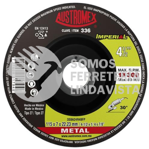 336 DISCO CON CENTRO DEPRIMIDO PARA DESBASTE DE METAL IMPERIAL TIPO 27 GRANO 24 (4-1/2\"X1/4\"X7/8\") AUSTROMEX