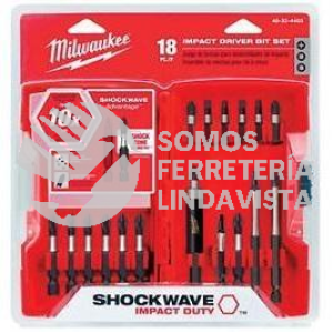 48-32-4403 JUEGO DE 18 PIEZAS PUNTAS DE DESTORNILLADOR PHILLIPS PLANAS TORX CUADRADAS MILWAUKEE