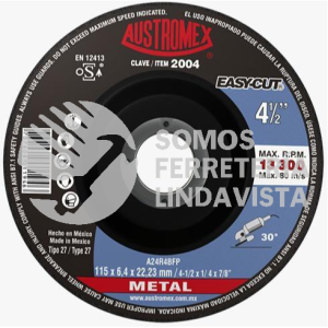 2004 DISCO CON CENTRO DEPRIMIDO PARA DESBASTE DE METAL EASY-CUT TIPO 27 GRANO 24 (4-1/2\"X1/4\"X7/8\") AUSTROMEX