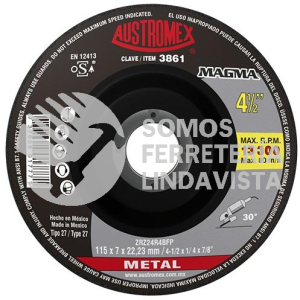 3861 DISCO CON CENTRO DEPRIMIDO PARA DESBASTE DE METAL MAGMA TIPO 27 GRANO 24 (4-1/2\"X1/4\"X7/8\") AUSTROMEX