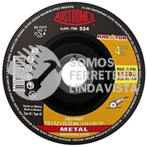 524 DISCO CON CENTRO DEPRIMIDO PARA CORTE DE METAL KREATOR TIPO 42 GRANO 24 (4-1/2\"X1/8\"X7/8\") AUSTROMEX