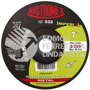 332 DISCO CON CENTRO DEPRIMIDO PARA CORTE DE METAL IMPERIAL TIPO 42 GRANO 24 (7\"X1/8\"X7/8\") AUSTROMEX