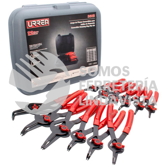 360B JUEGO DE PINZAS PARA ANILLOS DE RETENCION CONVERTIBLES CON MARIPOSA, 12 PIEZAS URREA