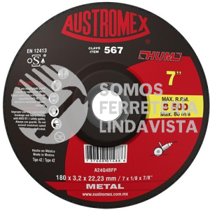 567 DISCO CON CENTRO DEPRIMIDO PARA CORTE DE METAL HUM TIPO 42 GRANO 24 (7\"X1/8\"X7/8\") AUSTROMEX