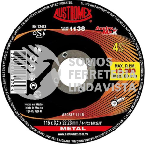 1138 DISCO DE CORTE CON CENTRO DEPRIMIDO AUSTROMAX TIPO 42 GRANO 30 (4-1/2\"X1/8\"X7/8\") AUSTROMEX
