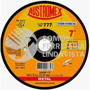 777 DISCO PARA DESBASTE DE METAL TIPO 27 GRANO 30 (7\"X1/4\"X7/8\") AUSTROMEX