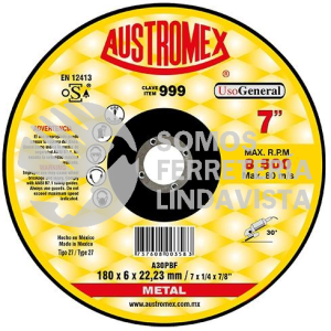 999 DISCO CON CENTRO DEPRIMIDO PARA DESBASTE DE METAL TIPO 27 GRANO 30 (7\"X1/4\"X7/8\") AUSTROMEX