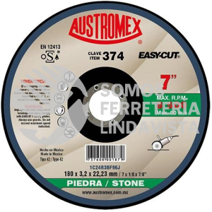 374 DISCO CON CENTRO DEPRIMIDO PARA CORTE DE PIEDRA EASY-CUT TIPO 42 GRANO 24 (7\"X1/8\"X7/8\") AUSTROMEX