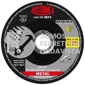 3874 DISCO DE DESBASTE PARA ACERO INOXIDABLE MAGMA TIPO 27 GRANO 30 (4-1/2\"X5/32\"X7/8\") AUSTROMEX